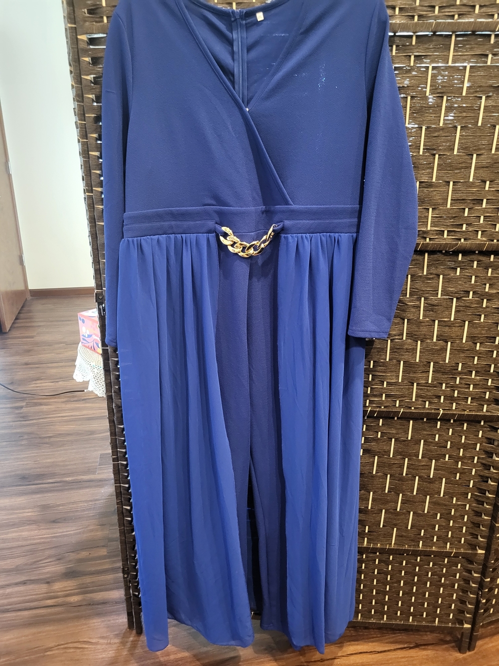 Blue Long Sleeve Jumpsuit with Gold Chain Accent